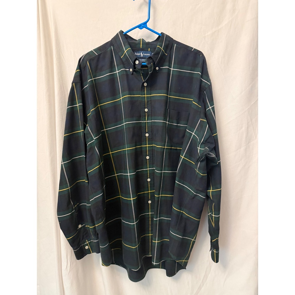 Ralph Lauren Big Shirt Mens XL Green Navy Plaid Cotton Button Down Long Sleeve